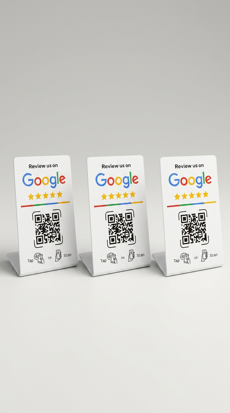 Tre vita Google Review NFC-ställ med QR-kod på ljus bakgrund